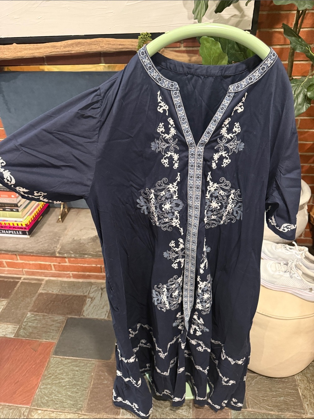 Navy Embroidered V-Neck Women's Tunic Top